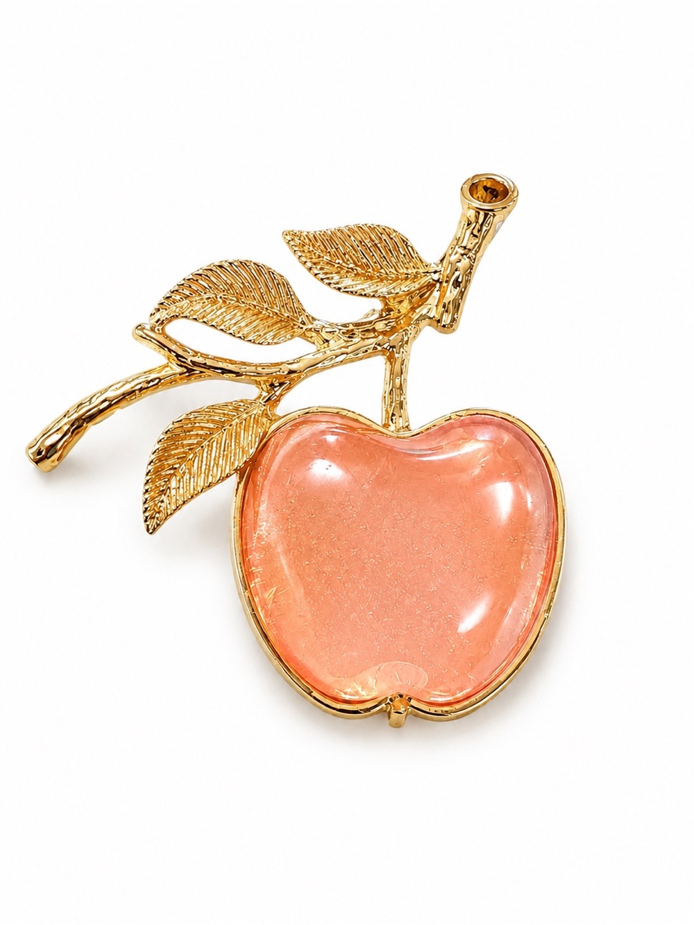 Peach‎ Glass Apple Brooch Gold Tone Branch Pin Cottagecore Fruit Jewelry